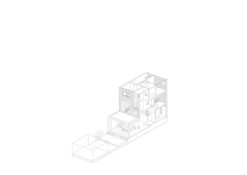 Axonometric drawing revealing a multi-level residence with terraces and interior courtyard spaces