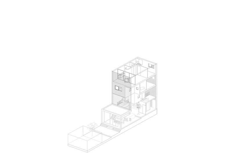 Axonometric drawing showing the progressive vertical stacking of living levels with roof terrace