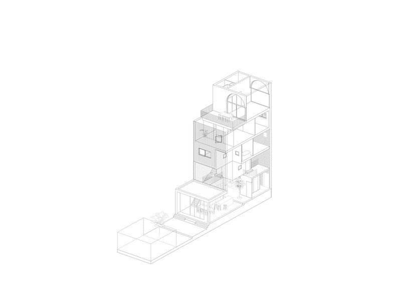 Axonometric drawing depicting the full vertical organization from ground level gardens to upper floors