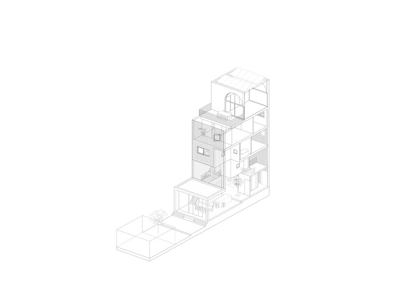 Axonometric drawing illustrating the complete spatial arrangement across all residential levels