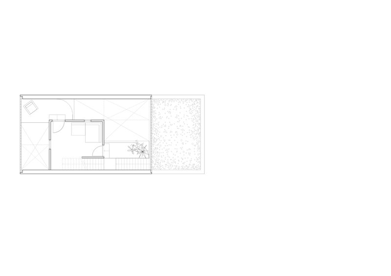 Floor plan drawing showing bathroom layout adjacent to perforated metal screen terrace
