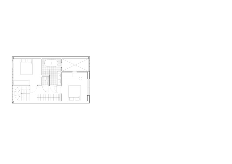 Floor plan drawing showing two bedrooms with bathroom and stairwell arranged around a rectangular layout