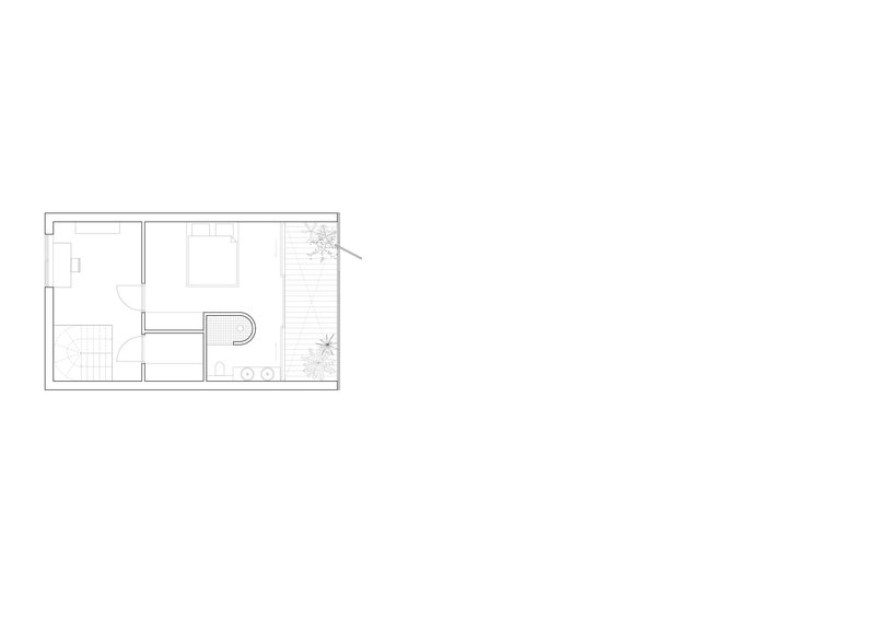 Floor plan drawing showing bedroom suite with bathroom and outdoor terrace with planted elements