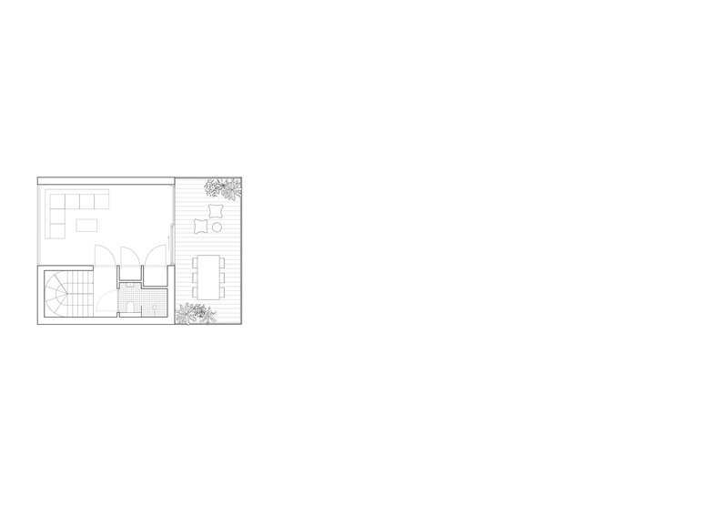 Floor plan drawing showing living and dining spaces with bathroom core and two planted outdoor corners