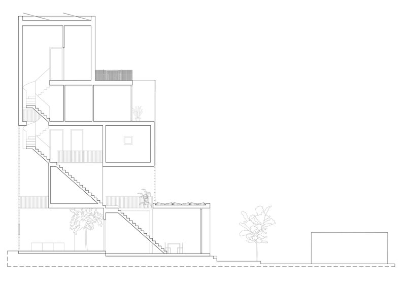 Section drawing showing staggered volumes connected by diagonal staircase with trees at grade level