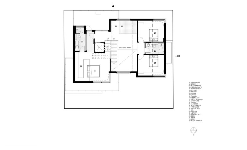 First floor plan drawing showing bedroom layout with central stair and void space
