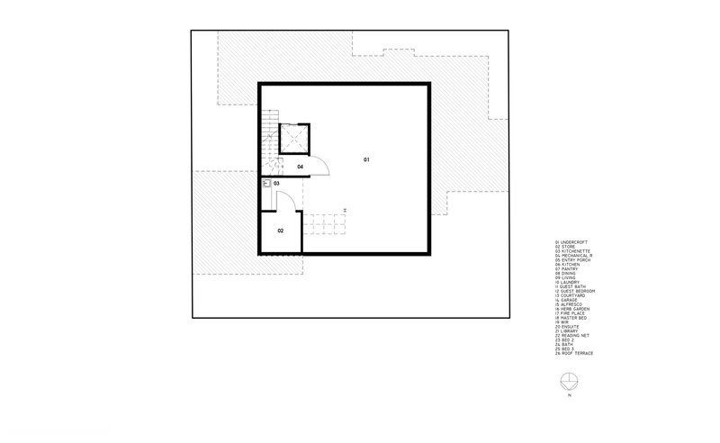 Roof plan drawing showing main volume with surrounding deck and stair access