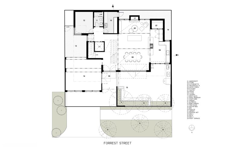 Ground floor plan drawing showing open living and dining spaces with adjacent courtyard