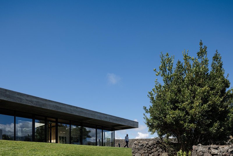 Glazed facade beneath the concrete overhang with a figure walking along the volcanic stone retaining wall