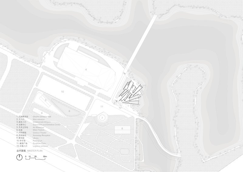 Site plan drawing showing radiating volumes between curvilinear water bodies and adjacent structures