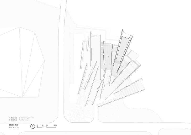 Roof plan drawing depicting splayed angular volumes with skeletal structural framework