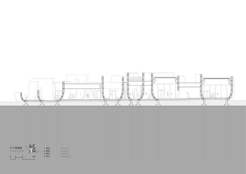 Section drawing showing a series of bowl-shaped volumes supported by columns above ground level