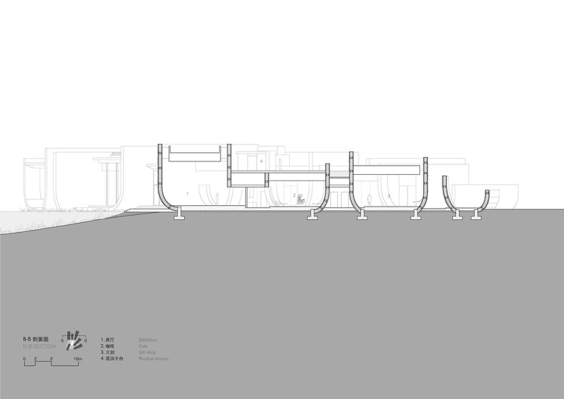 Section drawing depicting clustered bowl-shaped structures with varying heights and vertical support elements