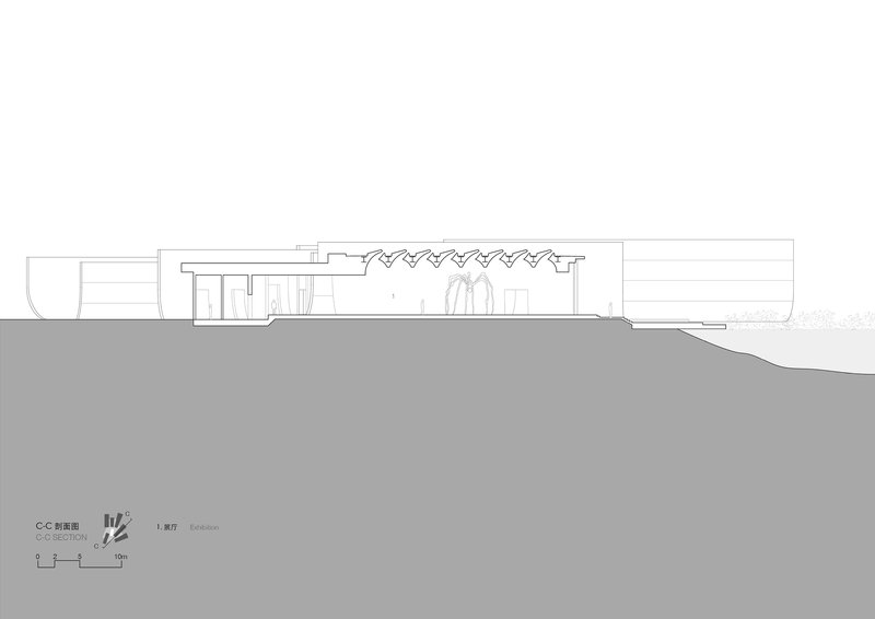 Section drawing revealing interior spaces beneath a zigzag roof profile on sloping terrain