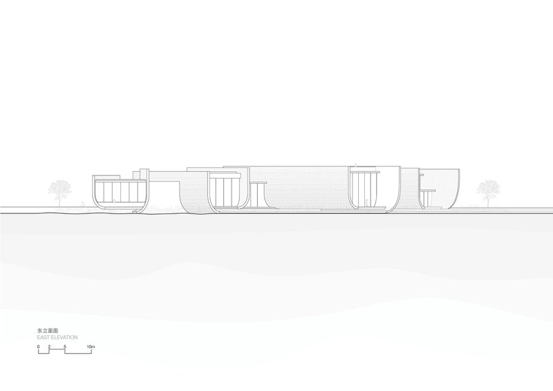 East elevation drawing showing four curved bowl-shaped volumes resting on grade with flanking trees