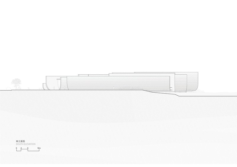 South elevation drawing displaying a long horizontal volume with textured roof surface and tree silhouette