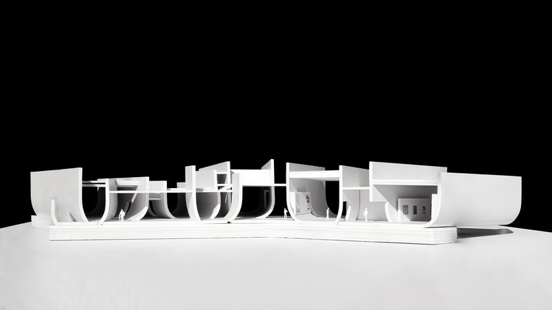 Longitudinal sectional model displaying the sequence of vaulted interior spaces and human scale figures
