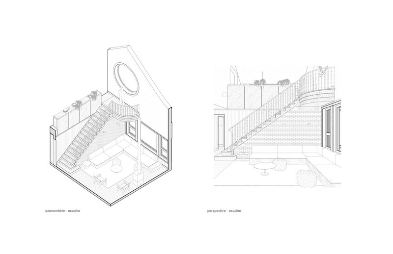 Axonometric and perspective drawings of the staircase volume with circular window and brick detailing