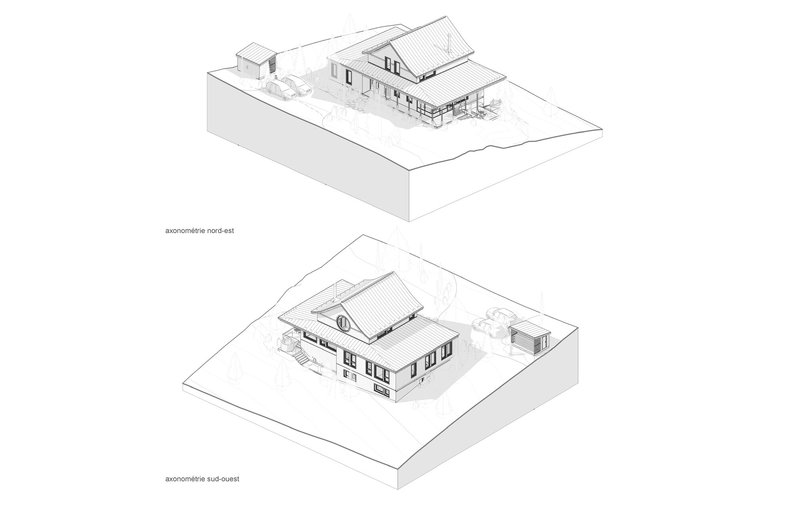 Axonometric drawings showing the northeast and southeast views of the house with pitched roofs and outbuilding