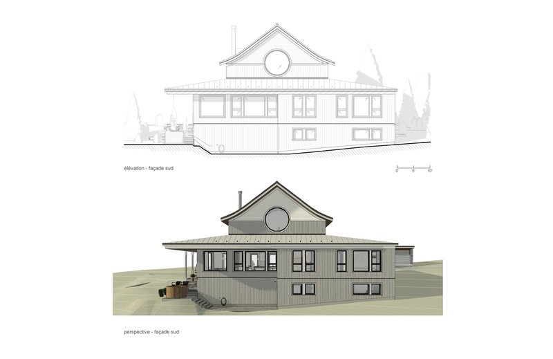 Elevation and perspective drawings of the south facade with wraparound porch and circular gable window