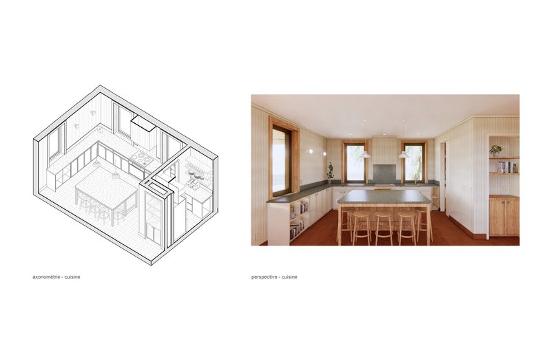 Axonometric drawing of the kitchen with island and staircase alongside interior photograph with timber finishes