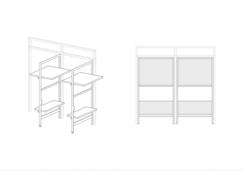 Isometric drawing of modular furniture units including shelving and a double panel storage element