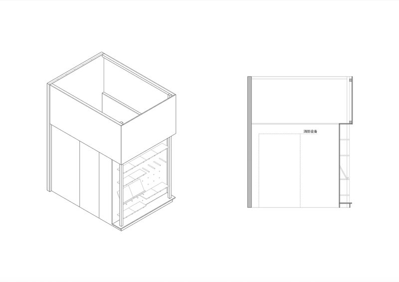 Isometric and elevation drawings of a staircase module enclosed within a cubic volume