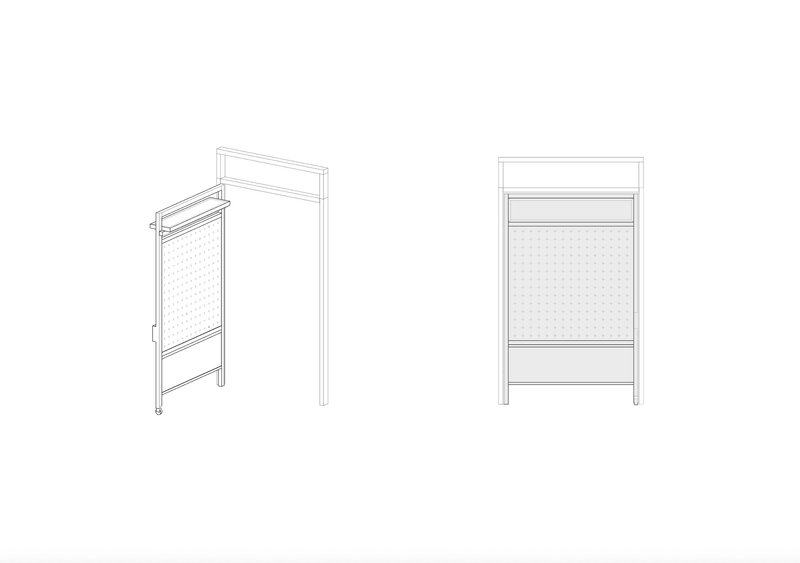 Axonometric drawing showing two framed panels with perforated metal screens in open and closed positions
