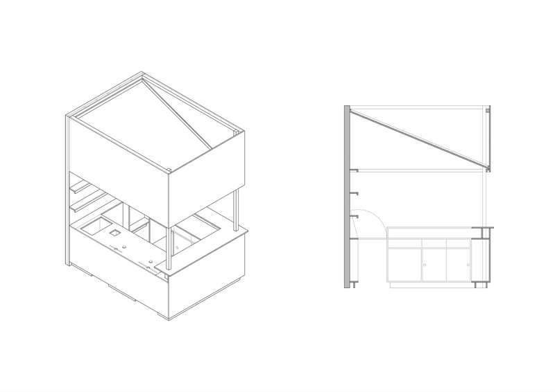 Isometric and section drawings revealing a two-story interior with mezzanine slab and diagonal bracing
