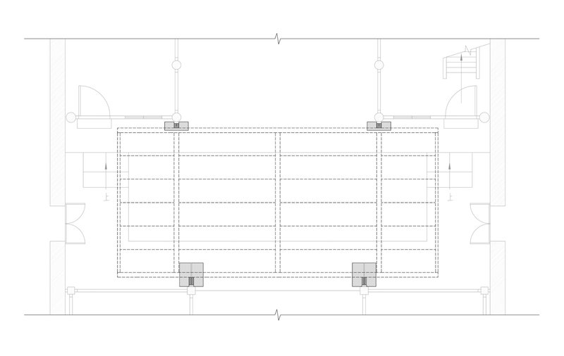 Reflected ceiling plan drawing with column locations and diagonal cable system marked with dashed lines