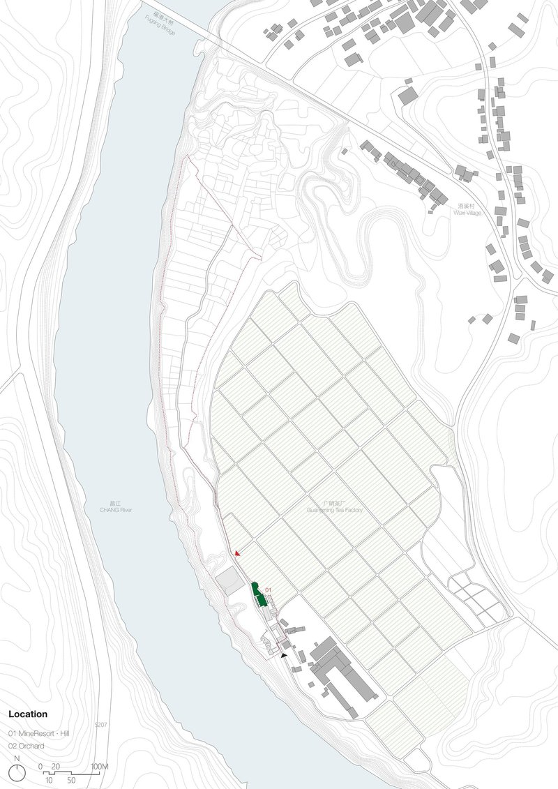 Site plan drawing showing the building location among agricultural plots, water body and topographic contours