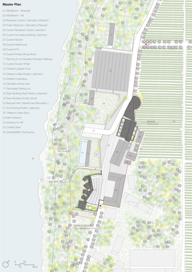 Master plan drawing showing scattered buildings amid planted landscape and agricultural fields