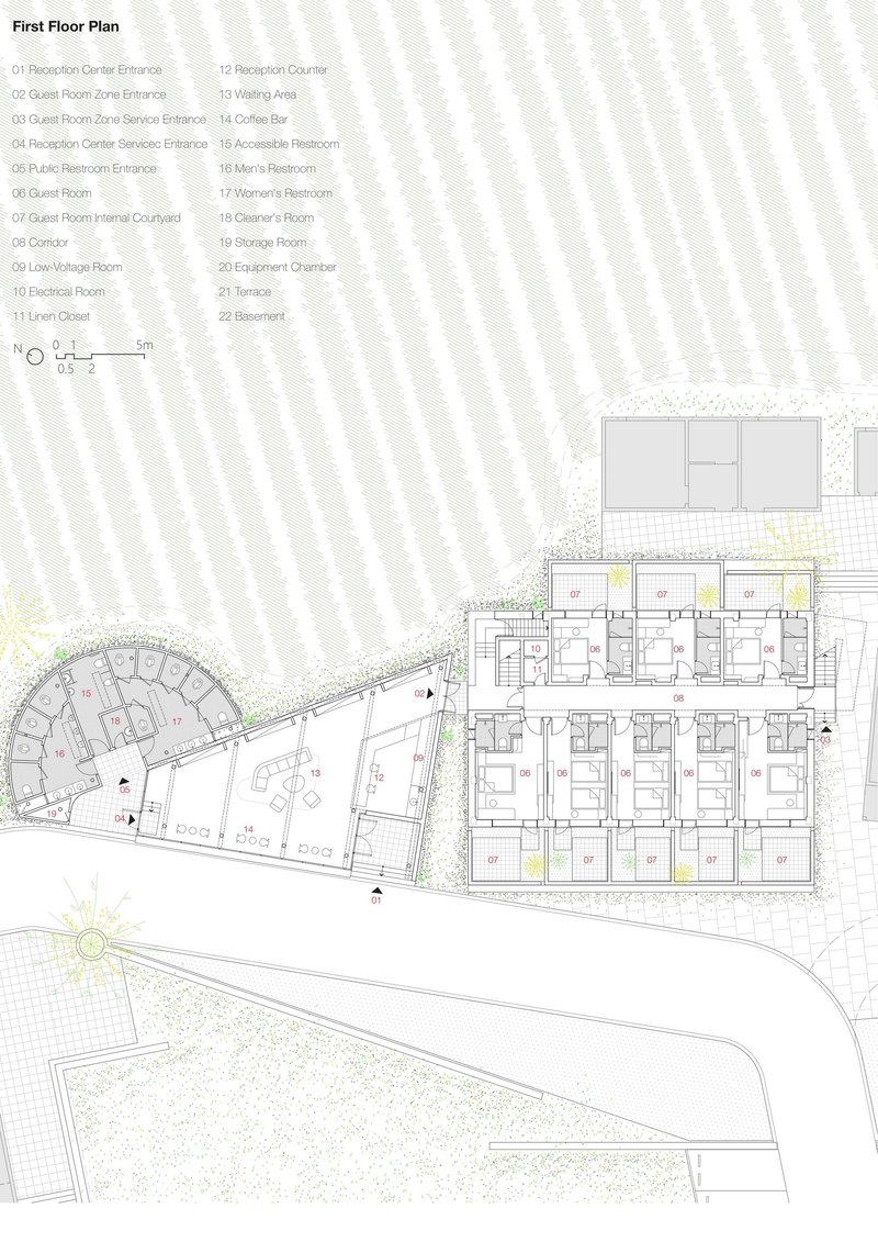 First floor plan drawing showing a curved wing and a rectangular wing with repeated room units