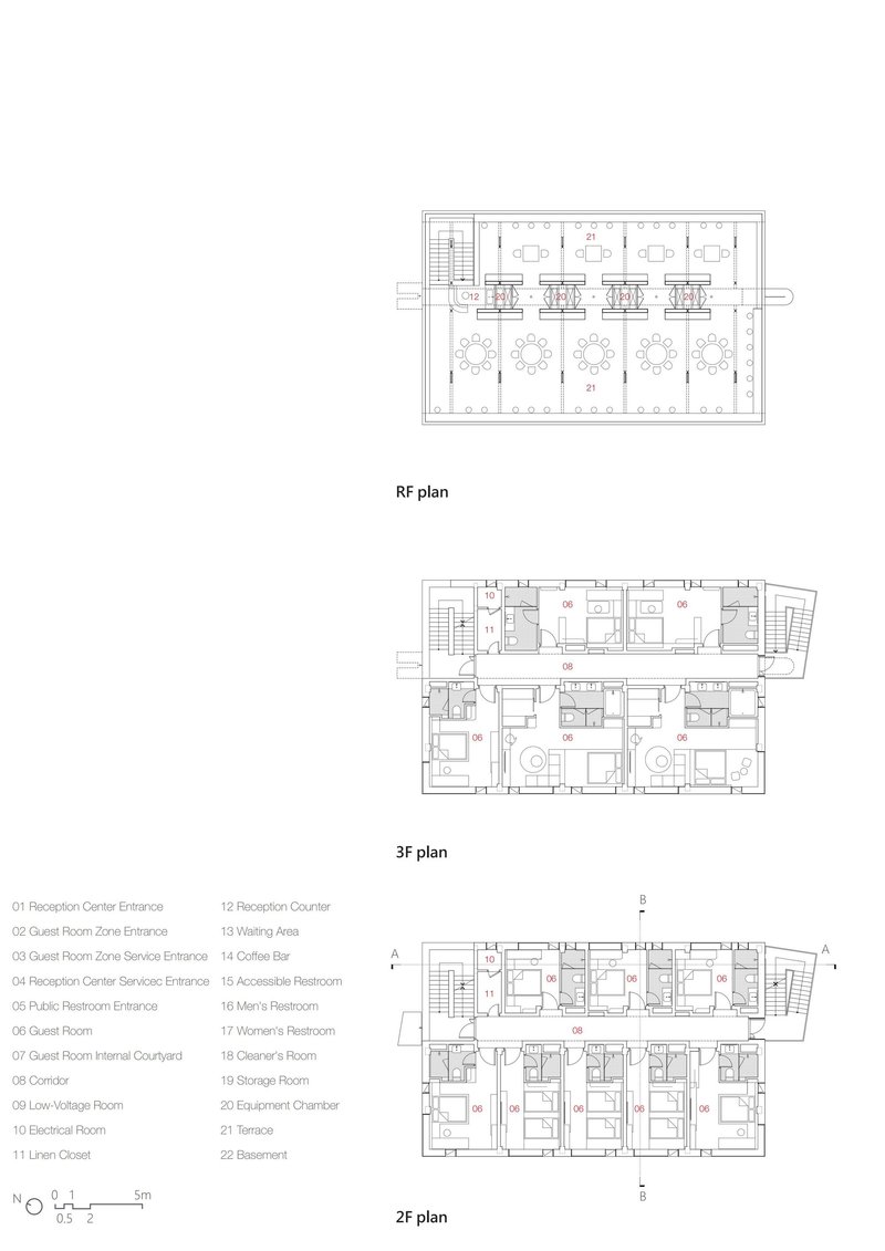 Floor plan drawings for the roof level, third floor, and second floor of a linear residential building