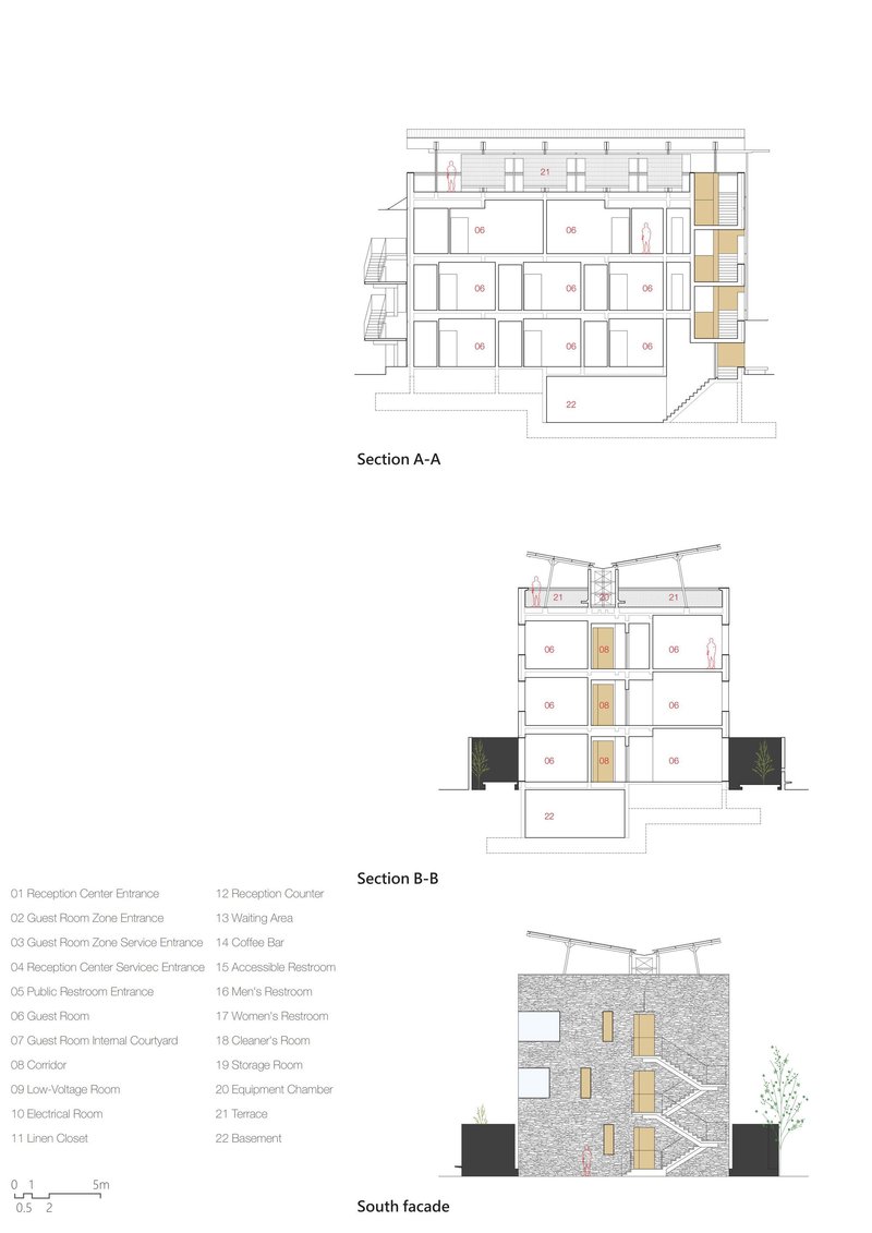 Section and facade drawings showing a three-story building with timber-clad vertical elements and sloped roof
