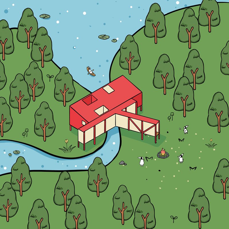 Axonometric drawing of a red-roofed house on stilts surrounded by trees and a winding stream