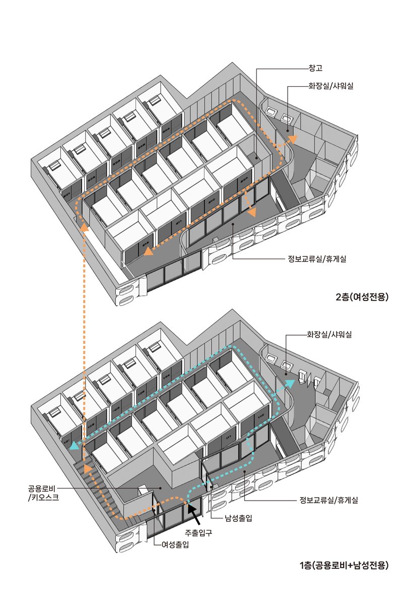 Axonometric drawings showing two floors of modular residential units with circulation corridors and labeled service areas