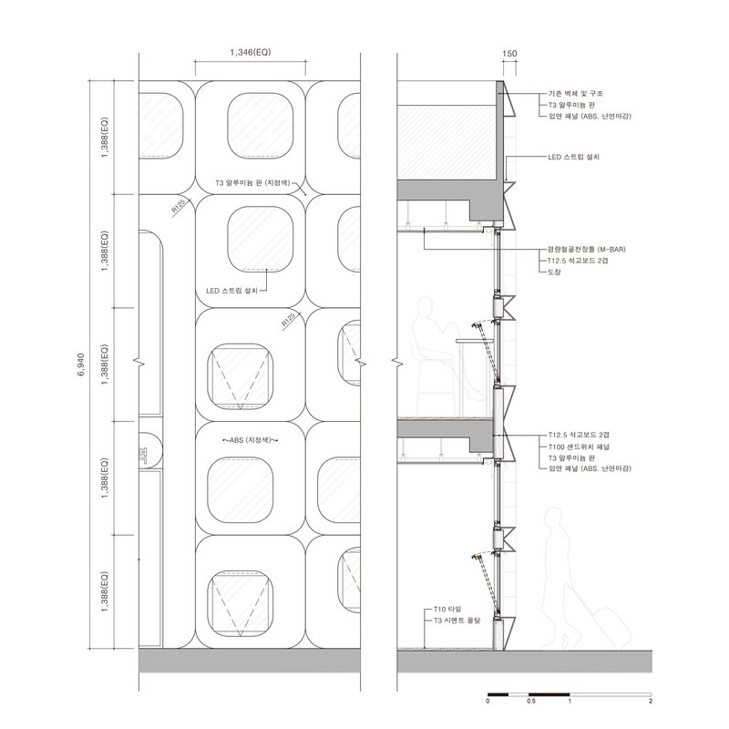 Elevation and section drawings detailing the rounded-square window panel system with mounting hardware and dimensions