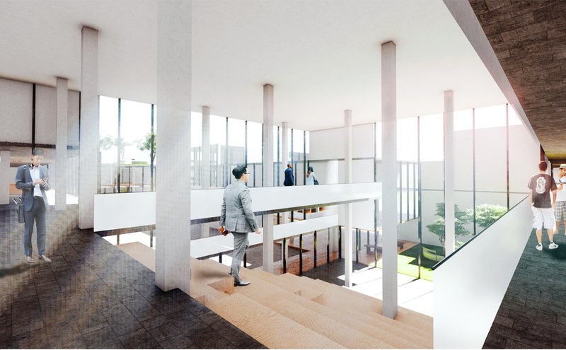 Transparent circulation spaces and interconnected levels create a dynamic educational environment focused on openness and collaboration.
