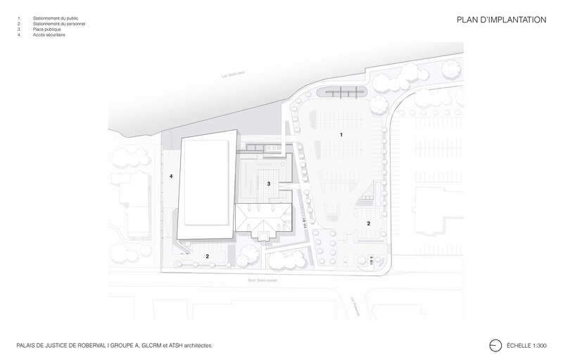 Site plan drawing showing the building footprint in relation to surrounding streets and parking areas
