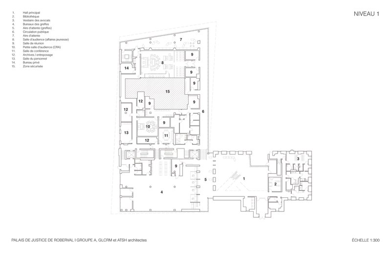 First level floor plan showing multiple rooms arranged around a central atrium space