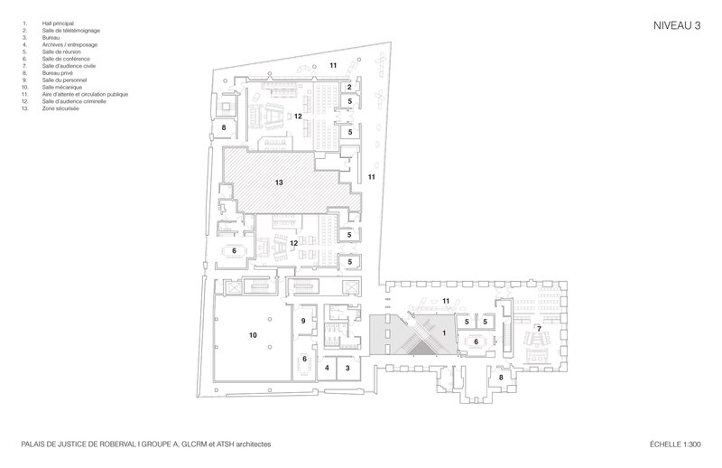 Third level floor plan showing courtrooms and meeting rooms arranged around a central void