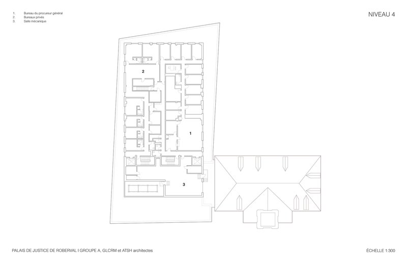 Floor plan drawing showing an irregular trapezoidal layout with numbered zones and an attached courtyard volume
