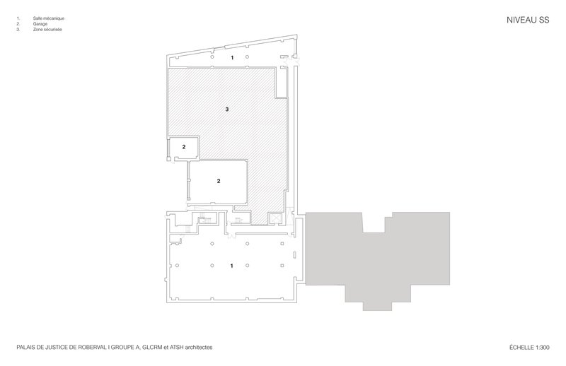 Basement level floor plan drawing showing a large hatched hall space and adjacent service rooms