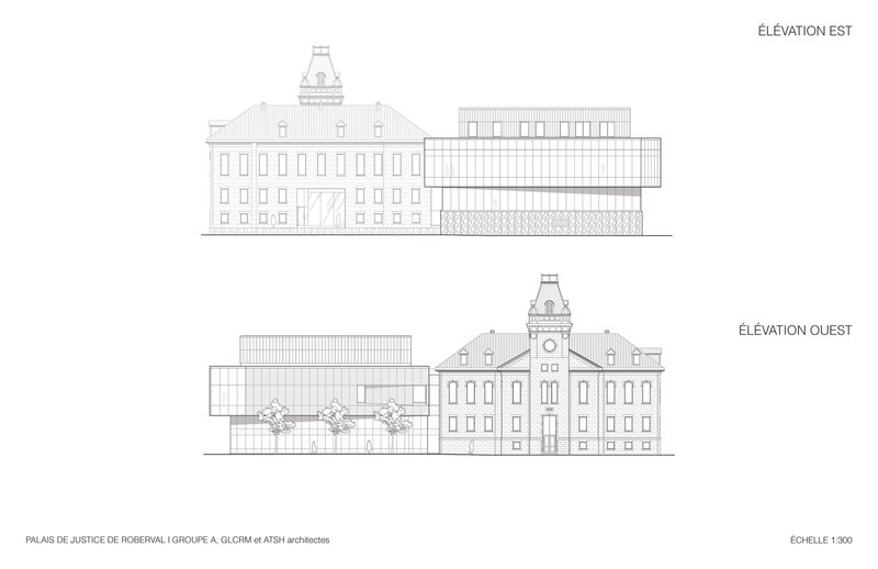 East and west elevation drawings showing a historic clock tower building connected to a horizontal addition