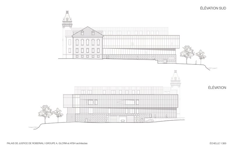 South elevation drawing showing the historic tower beside a horizontal volume with trees in the landscape