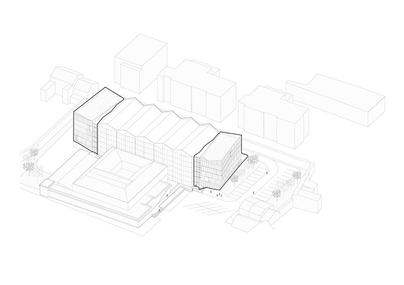 Axonometric drawing showing a glazed building volume within surrounding urban context