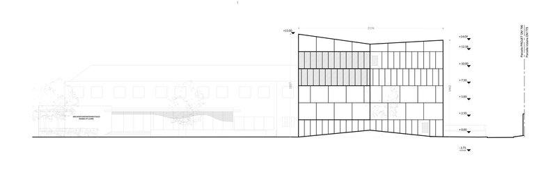 Elevation drawing showing the facade with angled rooflines and vertical window patterns on the upper levels