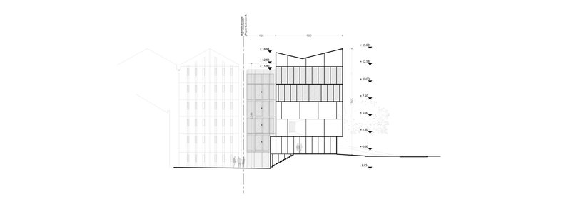 Elevation drawing of the corner condition where the taller volume meets the horizontal glass facade