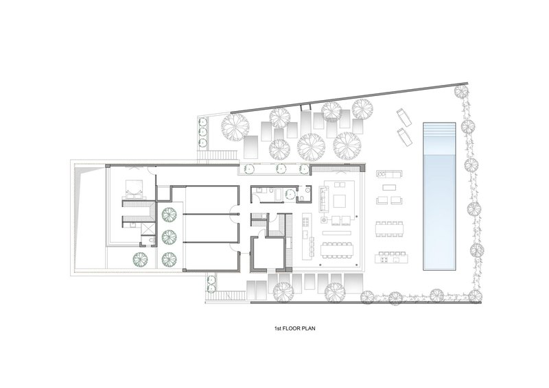 First floor plan showing central stair hall with living spaces and pool terrace